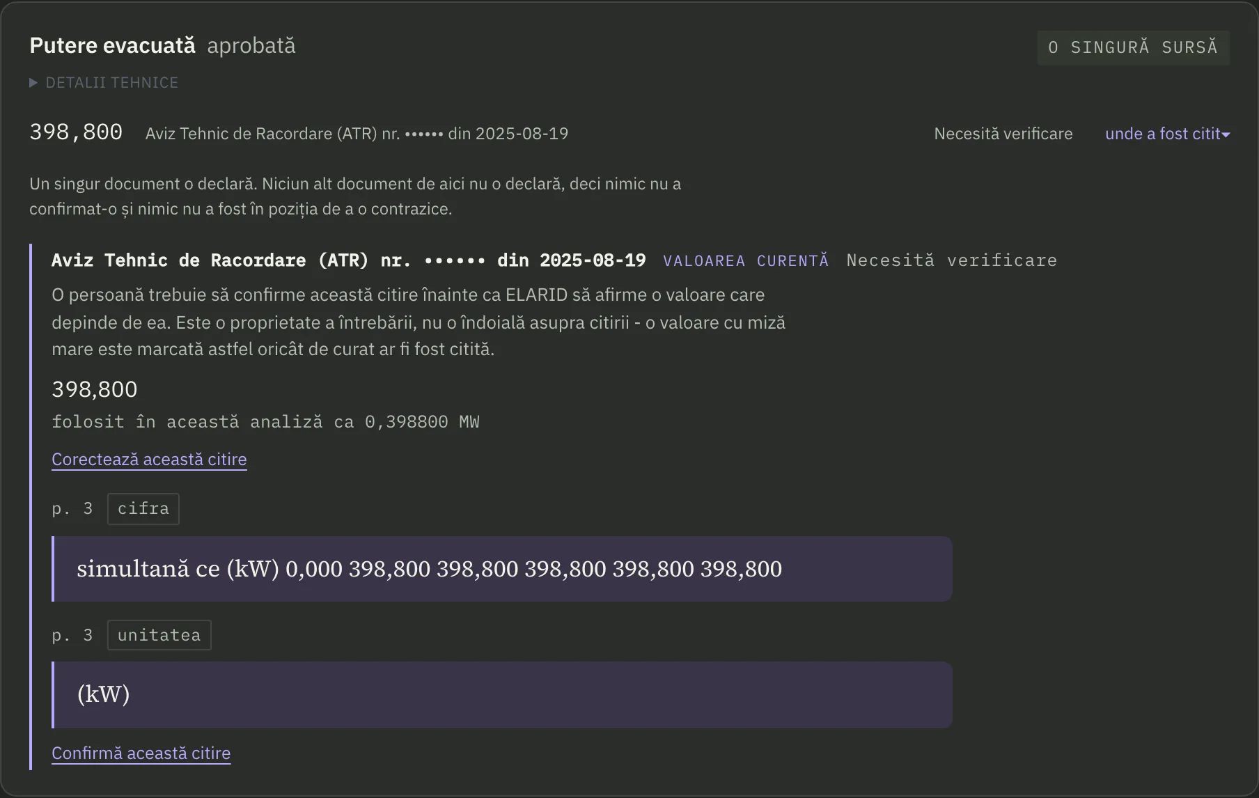 Ecran din produs: Putere evacuată aprobată, 398,800, de la pagina 3 a unui aviz tehnic de racordare, marcată Necesită verificare. Dedesubt, rândul citat din tabel și unitatea, (kW), cu linkuri pentru confirmarea sau corectarea citirii.